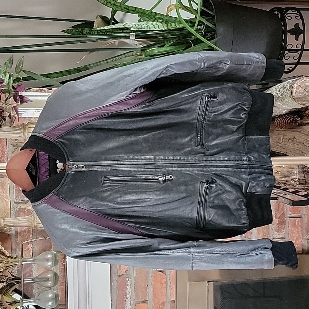 VINTAGE Harley-Davidson Women Embroidered  Leather Jacket Grey/Purple/Black XS